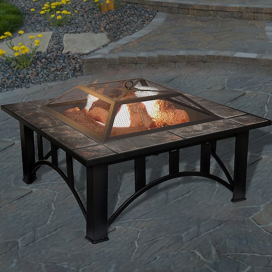 Nature Spring Square Marble Tile Edge Wood Burning Fire Pit Black