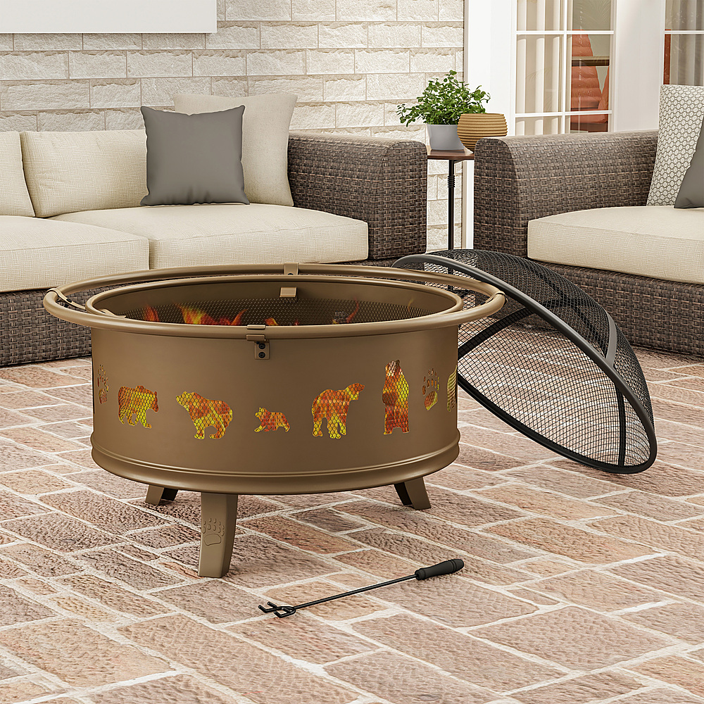 Nature Spring - Round Steel Wood Burning Fire Pit with Bear Cutouts - Antique Gold