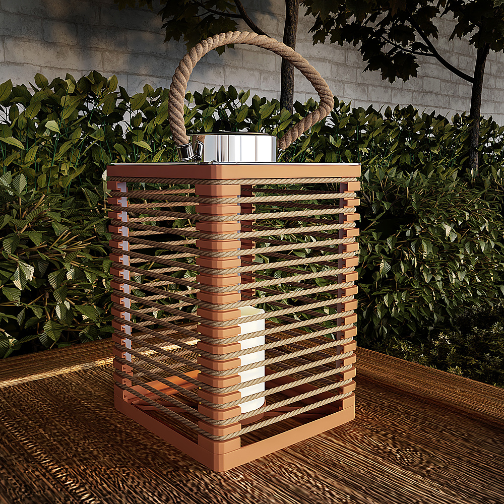 Nature Spring - Solar Powered Lantern with LED Candle - Outdoor/Indoor Flickering Flameless Candle Lantern with Rope Accents - Natural Wood