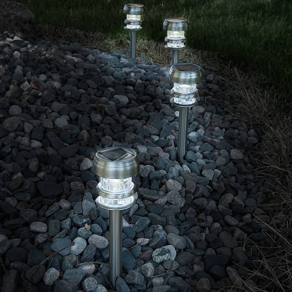 Nature Spring - Solar Powered Lights (Set of 4) - LED Outdoor Stake Spotlight Fixture for Gardens, Pathways, and Patios - Silver - Stainless Steel