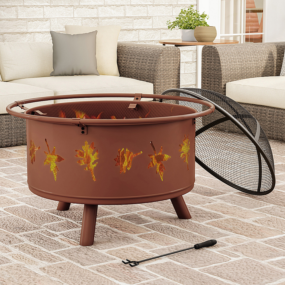 Nature Spring - Round Steel Wood Burning Fire Pit with Leaf Cutouts - Rugged Rust
