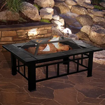 Alt View 11. Nature Spring - Rectangle Marble Tile Edge Wood Burning Fire Pit - Black and Orange Marbled Tile.