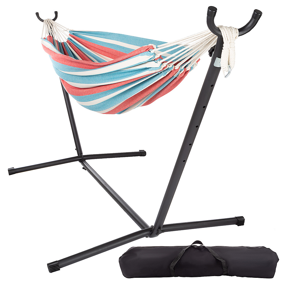 

Hastings Home - Double Brazilian Woven Cotton Hammock with Stand and Carrying Bag - Blue/Red Stripe