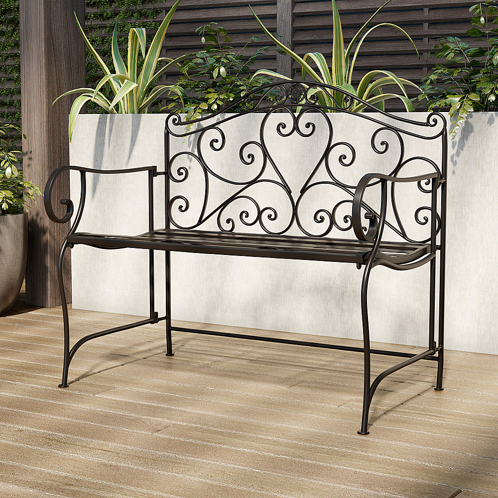 Hastings Home - Folding Garden Bench – Outdoor Seating with Scrollwork Design – Durable and Stylish Accent Furniture for Porch or Patio - Black