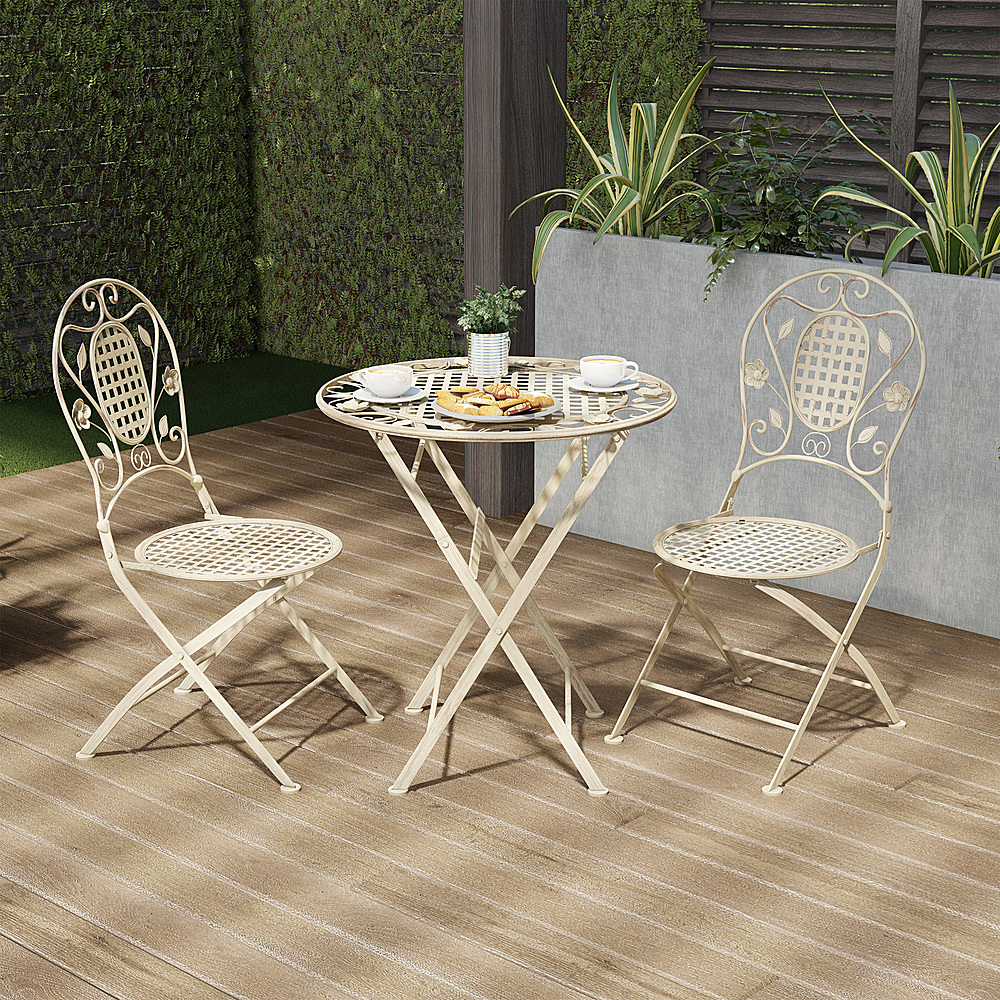 Hastings Home - Folding Bistro Set Outdoor Furniture for Garden, Patio, Porch with Lattice & Leaf Design 3PC Table and Chairs - Antique White