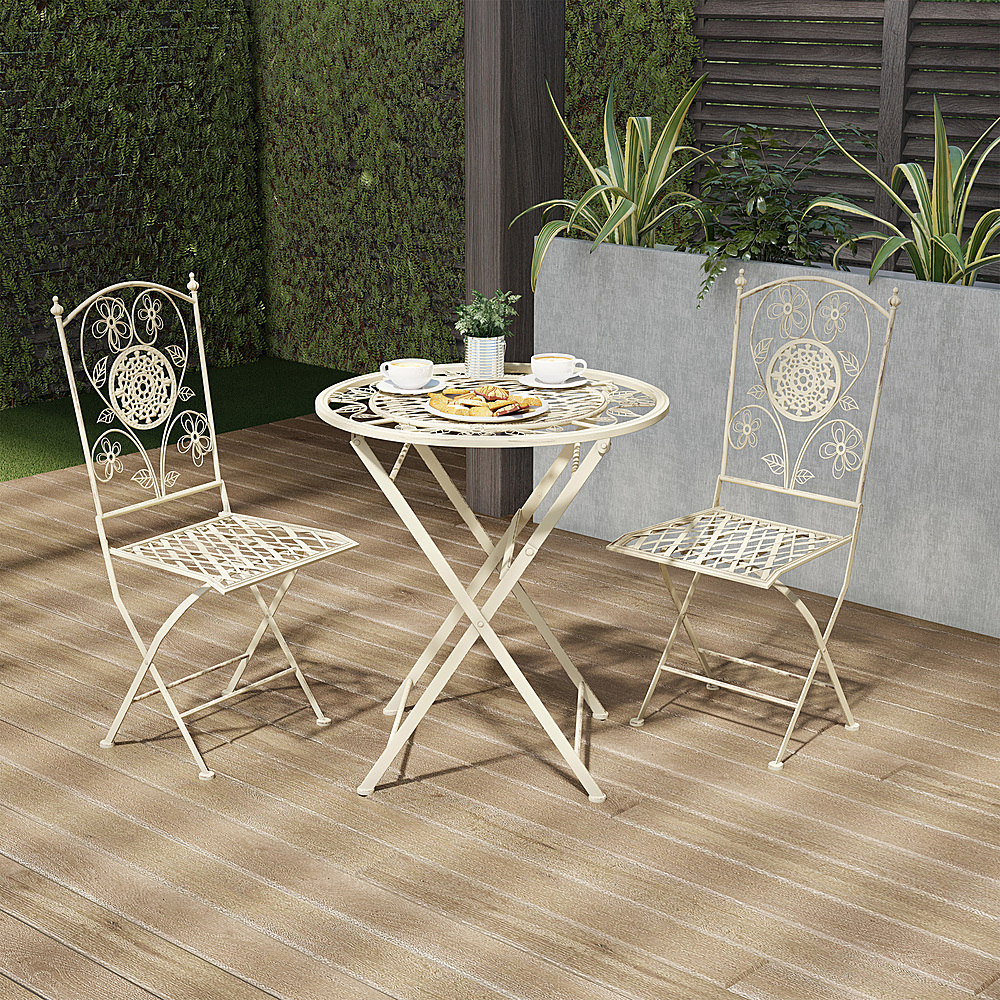 Hastings Home - Folding Bistro Set Outdoor Furniture for Garden, Patio, Porch with Lattice & Flower Design 3PC Table and Chairs - Antique White