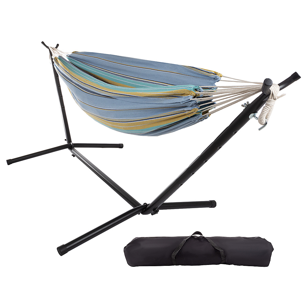 Hastings Home - Double Brazilian Woven Cotton Hammock with Stand and Carrying Bag - Blue Stripes