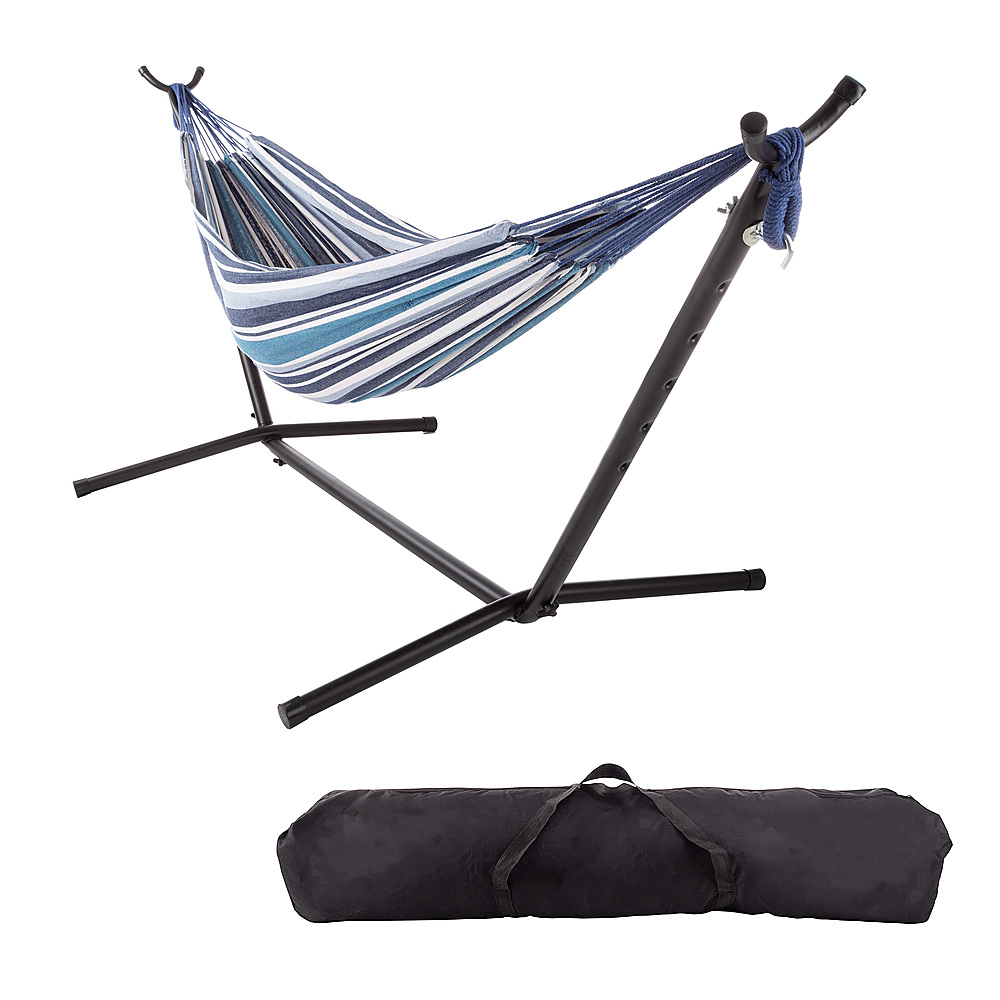 Hastings Home - Double Brazilian Poly Cotton Hammock with Stand and Carrying Bag - Blue