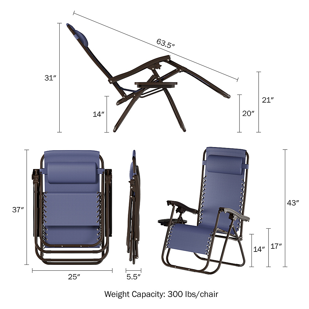 Alt View 12. Hastings Home - Zero Gravity Lounge Chairs Set of 2 - Navy Blue.