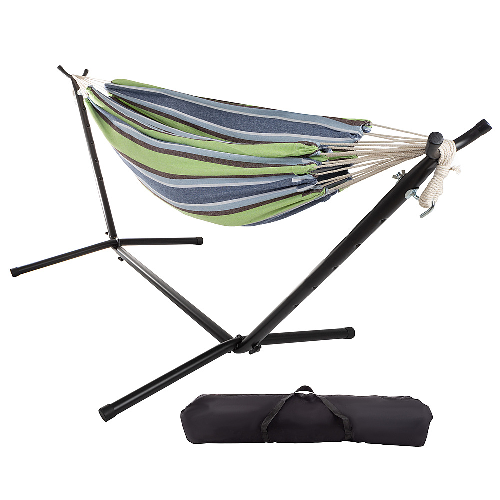 Hastings Home - Double Brazilian Woven Cotton Hammock with Stand and Carrying Bag - Blue/Lime