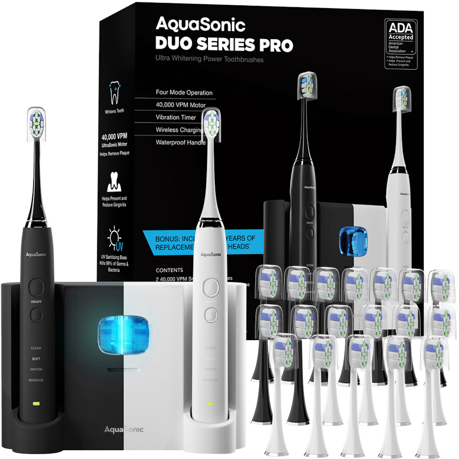  AquaSonic - Ultrasonic UV Sanitizing Toothbrush Set - Limited Edition Bundle - Midnight Black/Optic White