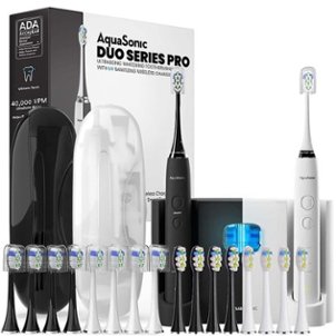 AquaSonic - Ultrasonic UV Sanitizing Toothbrush Set - Limited Edition Bundle - Midnight Black/Optic White