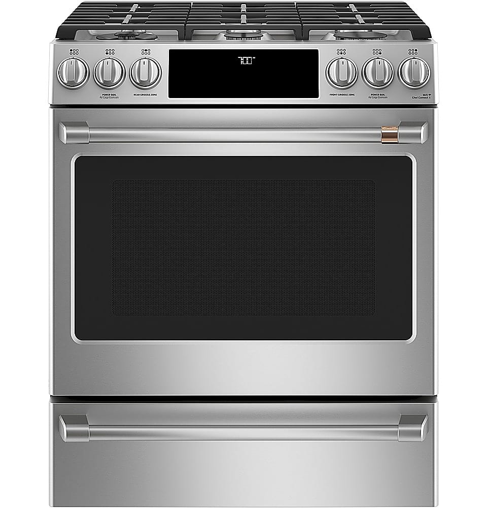 Front. Café - 5.6 Cu. Ft. Slide-In Gas Convection Range, Customizable - Stainless Steel.