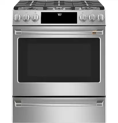 Front. Café - 5.6 Cu. Ft. Slide-In Gas Convection Range, Customizable - Stainless Steel.