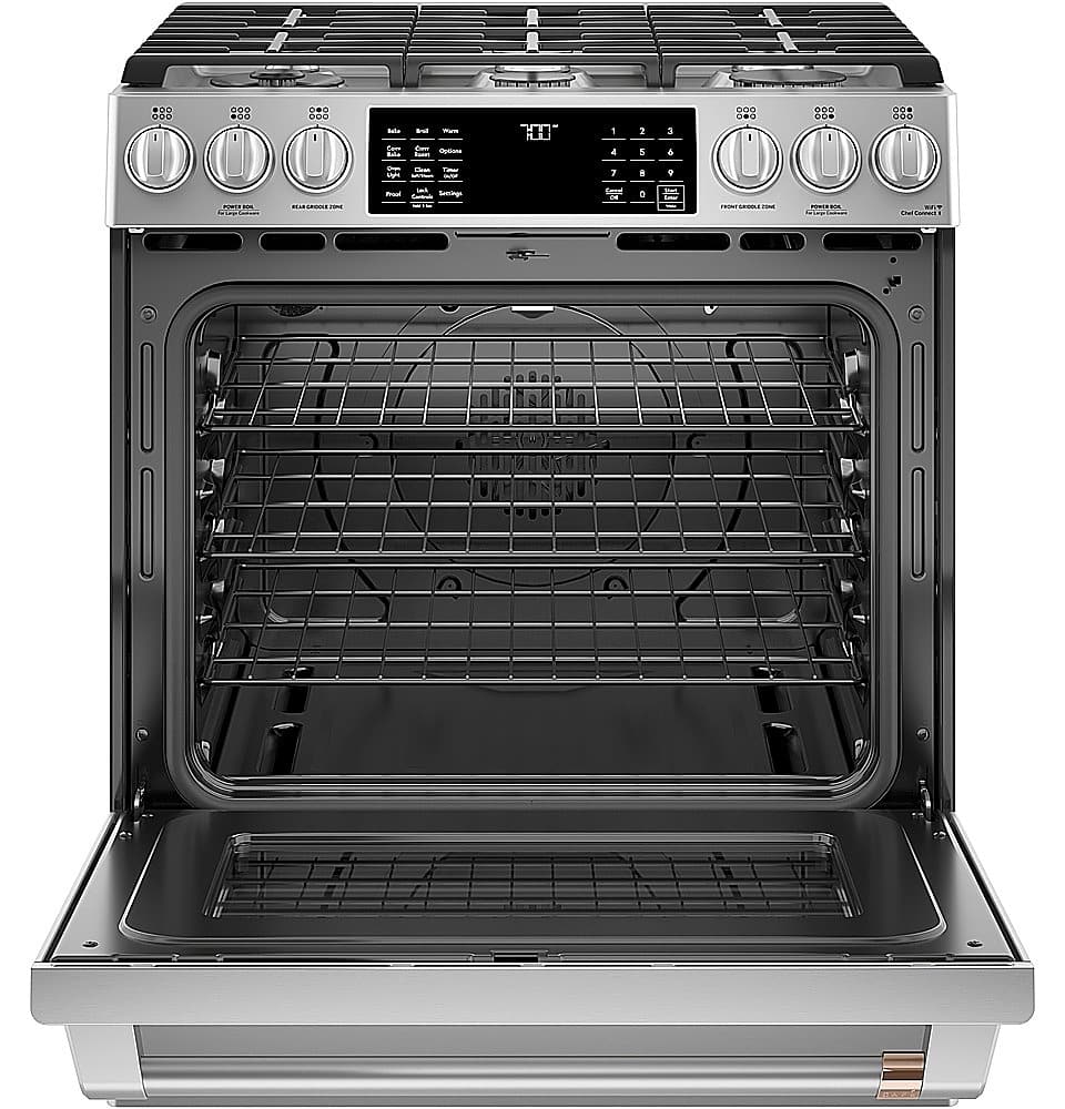 Alt View 1. Café - 5.6 Cu. Ft. Slide-In Gas Convection Range, Customizable - Stainless Steel.