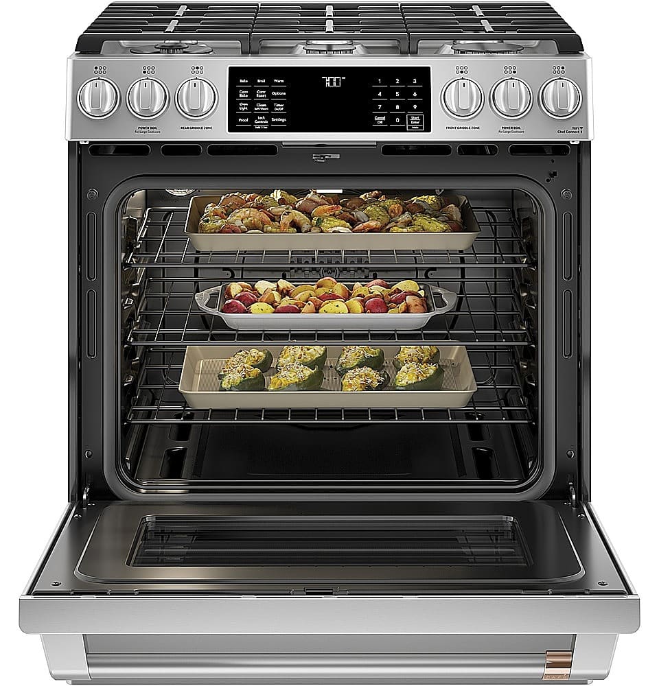 Alt View 2. Café - 5.6 Cu. Ft. Slide-In Gas Convection Range, Customizable - Stainless Steel.