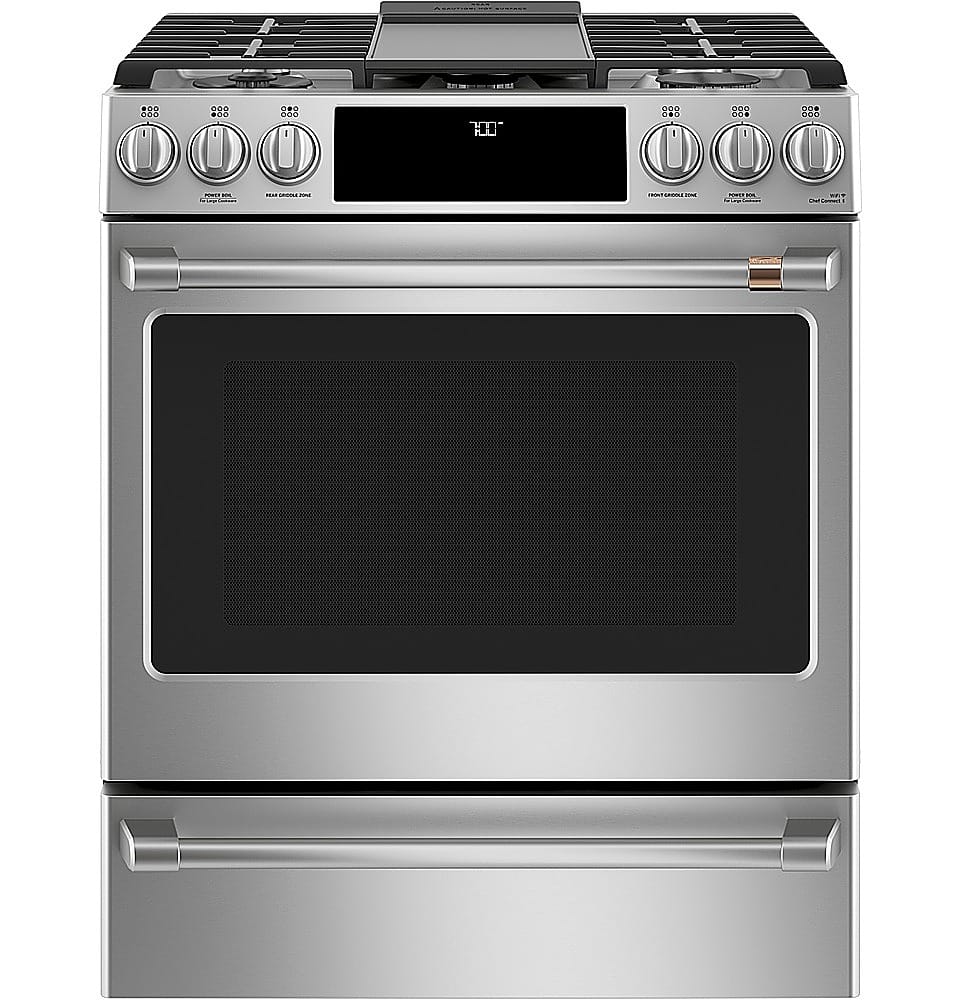 Angle. Café - 5.6 Cu. Ft. Slide-In Gas Convection Range, Customizable - Stainless Steel.