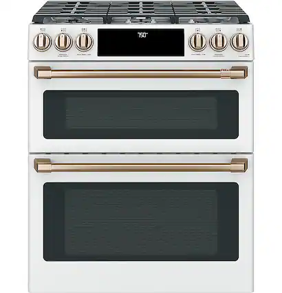 Front. Café - 6.7 Cu. Ft. Slide-In Double Oven Gas True Convection Range with Built-In WiFi, Customizable - Matte White.