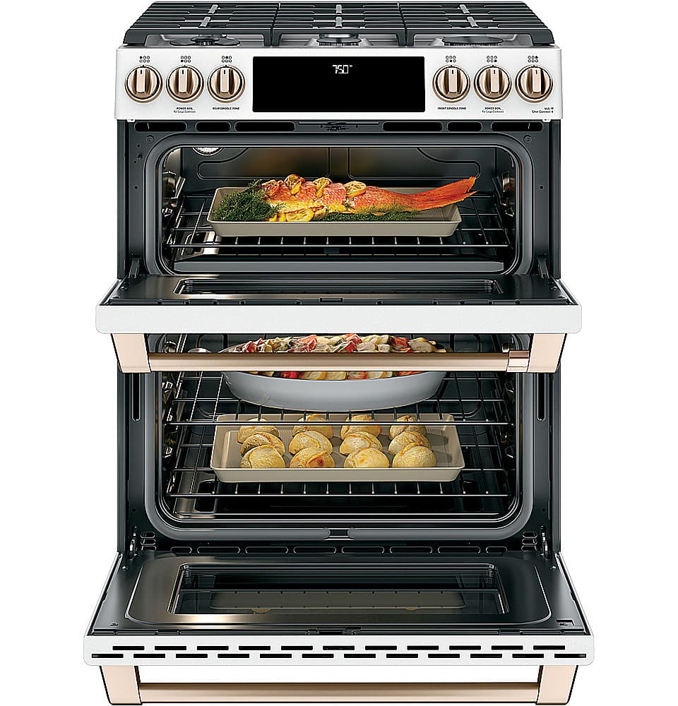 Alt View 2. Café - 6.7 Cu. Ft. Slide-In Double Oven Gas True Convection Range with Built-In WiFi, Customizable - Matte White.