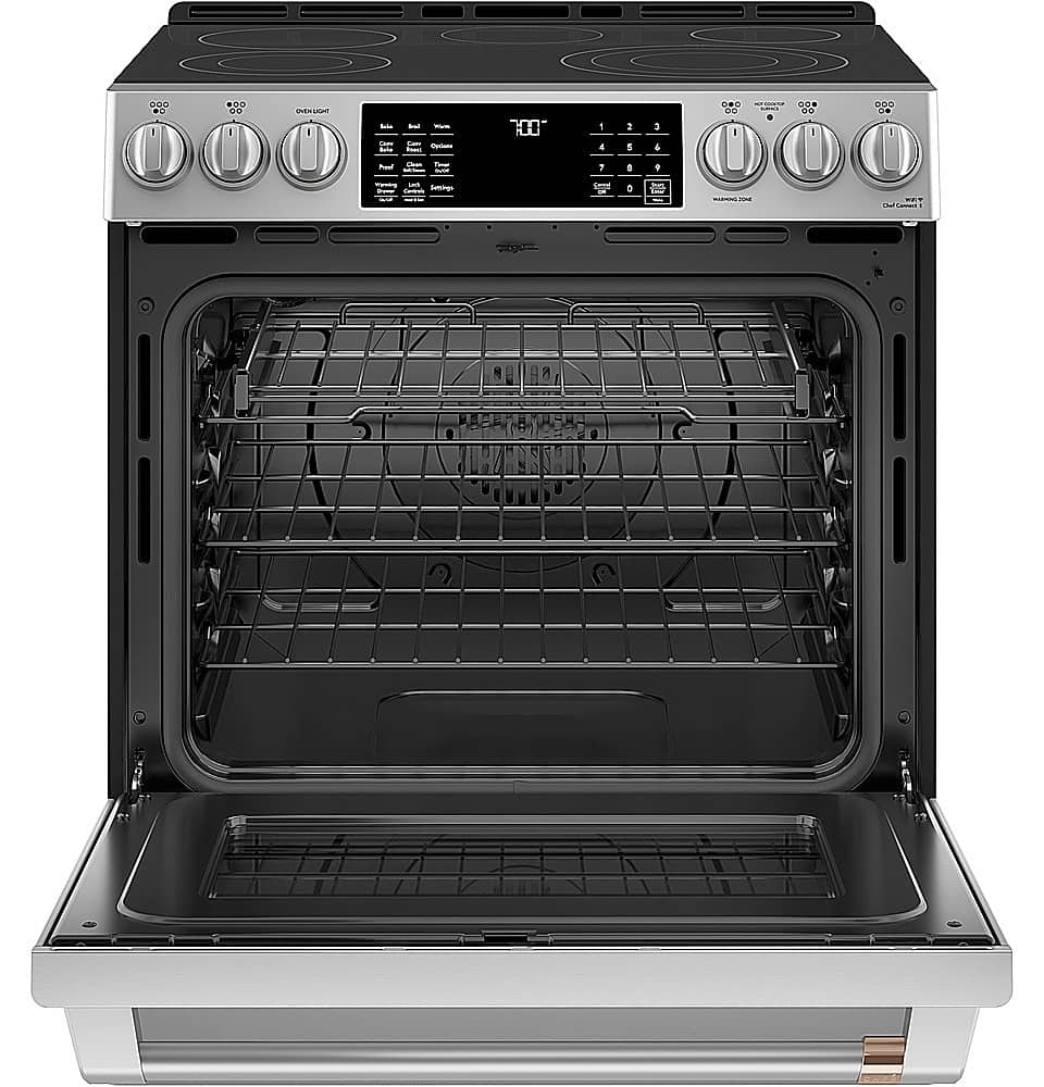Angle. Café - 5.7 Cu. Ft. Slide-In Electric Convection Range, Customizable - Stainless steel.
