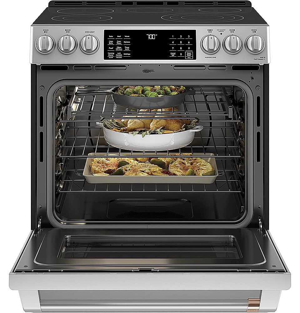 Left. Café - 5.7 Cu. Ft. Slide-In Electric Convection Range, Customizable - Stainless steel.