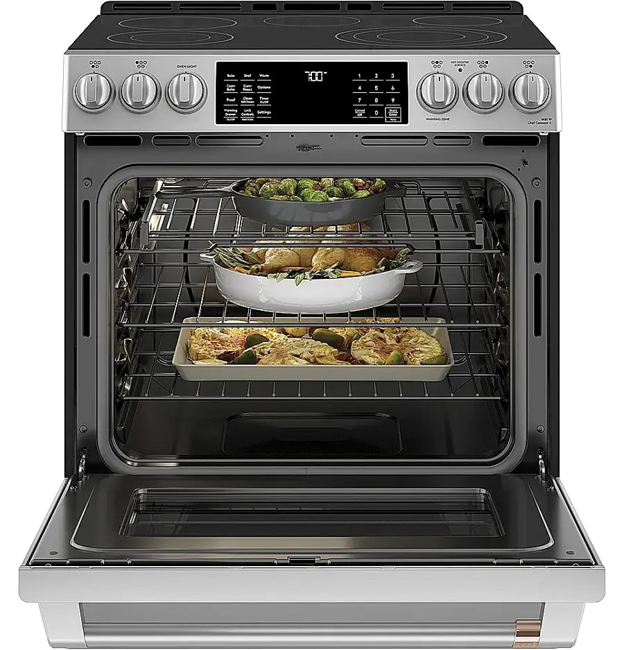 Left. Café - 5.7 Cu. Ft. Slide-In Electric Convection Range, Customizable - Stainless steel.