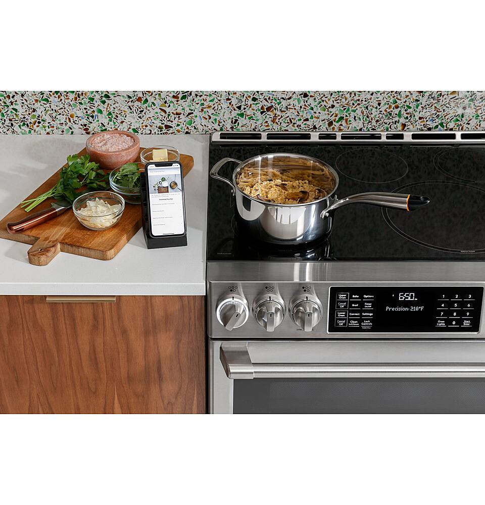 Alt View 28. Café - 6.7 Cu. Ft. Slide-In Double Oven Electric Induction Convection Range, Customizable - Stainless Steel.