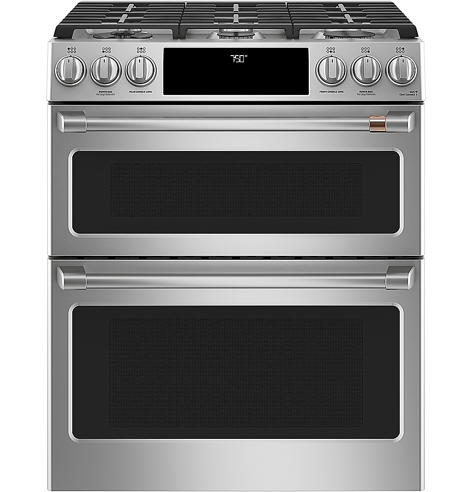 Angle View: Café - 6.7 Cu. Ft. Slide-In Double Oven Gas True Convection Range with Built-In WiFi, Customizable - Stainless Steel