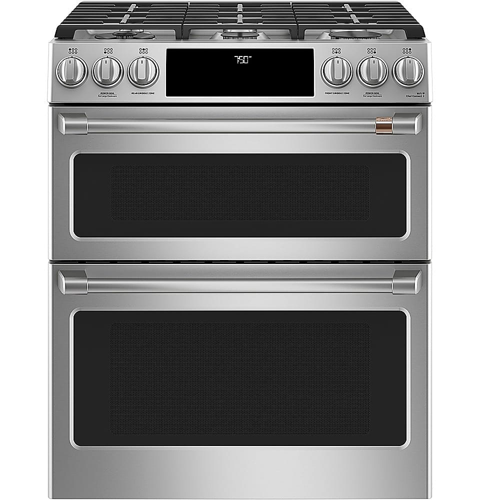 Angle. Café - 6.7 Cu. Ft. Slide-In Double Oven Gas True Convection Range with Built-In WiFi, Customizable - Stainless Steel.