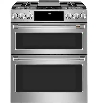 Front. Café - 6.7 Cu. Ft. Slide-In Double Oven Gas True Convection Range with Built-In WiFi, Customizable - Stainless Steel.