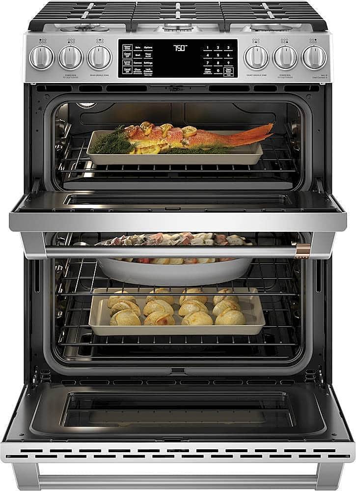 Alt View 12. Café - 6.7 Cu. Ft. Slide-In Double Oven Gas True Convection Range with Built-In WiFi, Customizable - Stainless Steel.