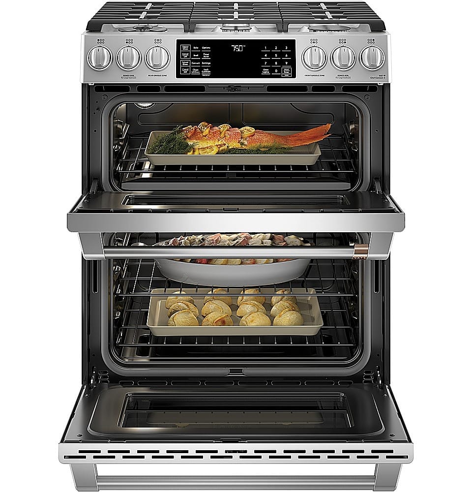 Alt View 1. Café - 6.7 Cu. Ft. Slide-In Double Oven Gas True Convection Range with Built-In WiFi, Customizable - Stainless Steel.