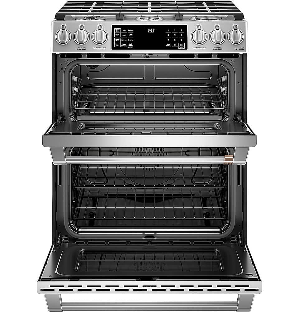 Left. Café - 6.7 Cu. Ft. Slide-In Double Oven Gas True Convection Range with Built-In WiFi, Customizable - Stainless Steel.