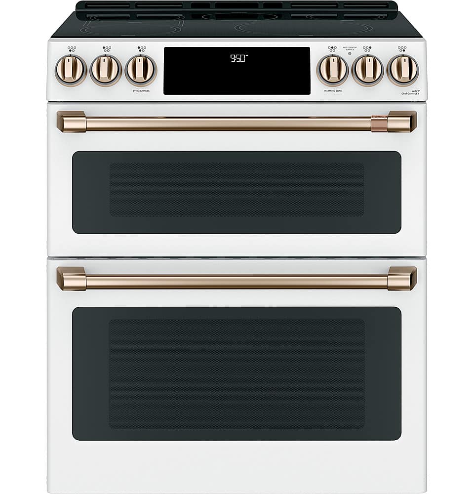 Front. Café - 7.0 Cu. Ft. Slide-In Double Oven Electric Induction Convection Range - Matte White.