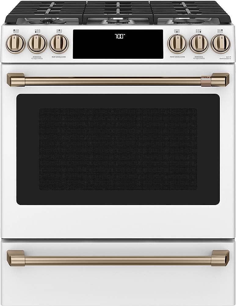 Front. Café - 5.6 Cu. Ft. Slide-In Gas Convection Range, Customizable - Matte White.