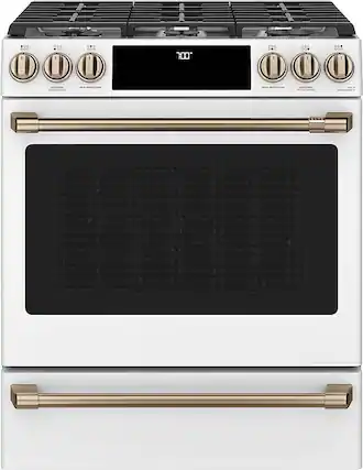 Front. Café - 5.6 Cu. Ft. Slide-In Gas Convection Range, Customizable - Matte White.