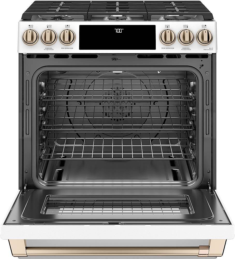 Alt View 1. Café - 5.6 Cu. Ft. Slide-In Gas Convection Range, Customizable - Matte White.