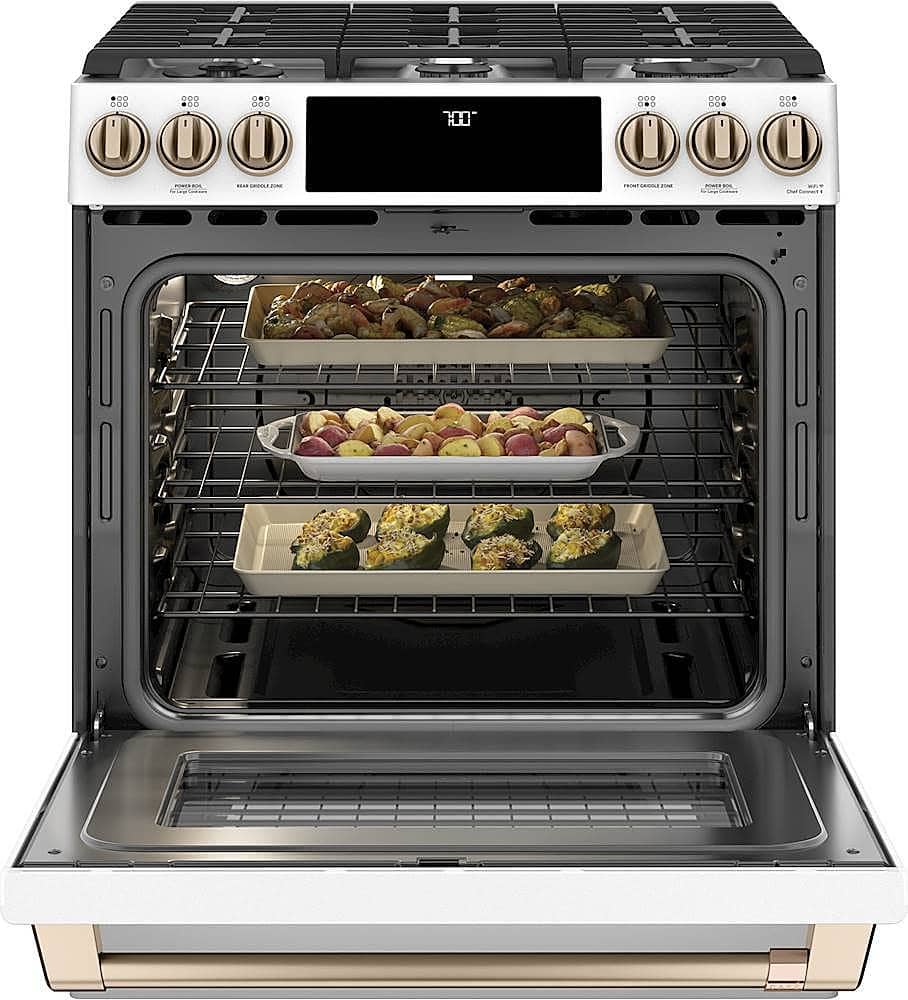 Alt View 2. Café - 5.6 Cu. Ft. Slide-In Gas Convection Range, Customizable - Matte White.