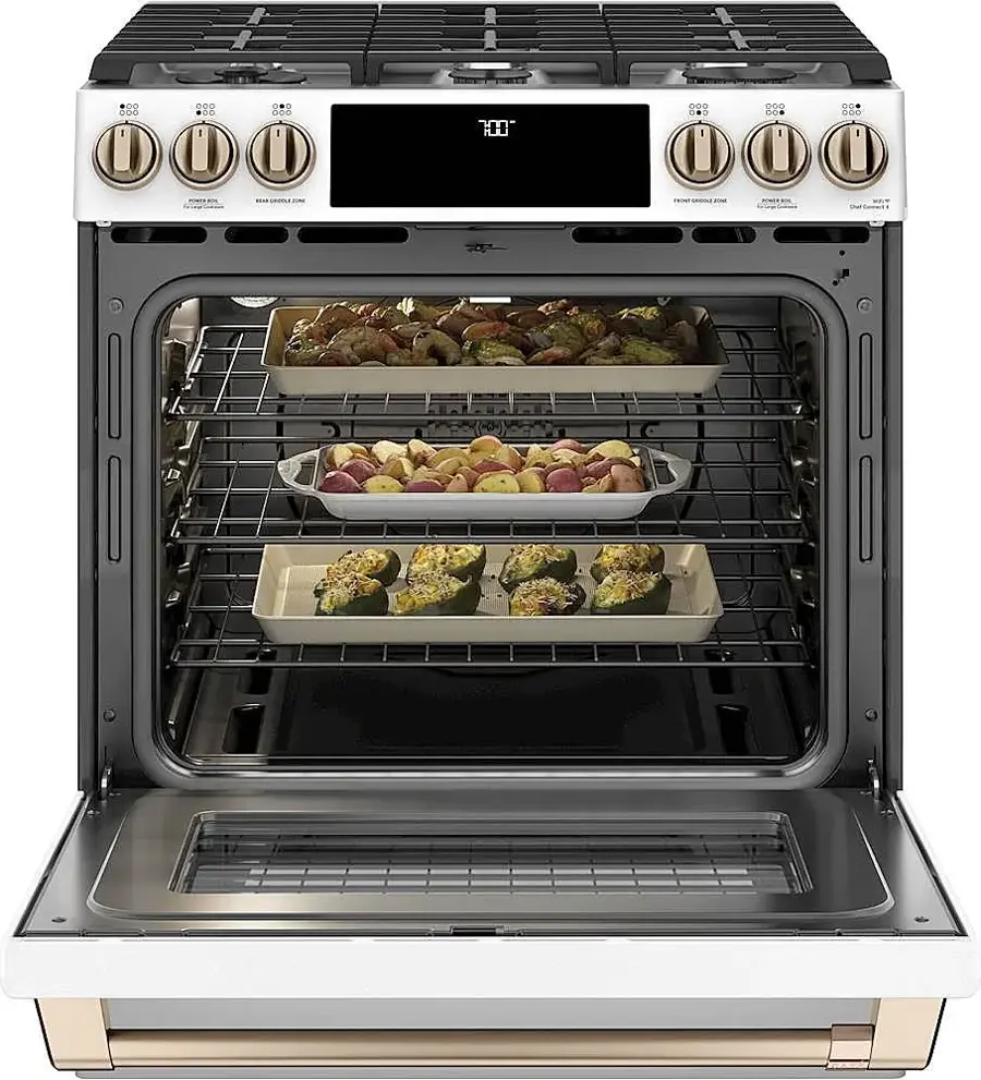 Café 30 in. Wide 6 Burners 5.6 Cu. Ft. Slide In Gas Convection Range ...