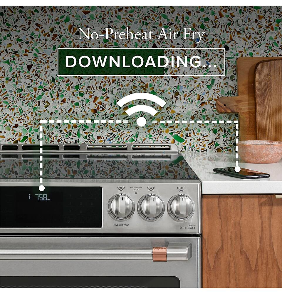 The image features a kitchen with a microwave and an oven. There is a cell phone placed on the countertop, and a knife can be seen nearby. The focus of the image is on the no-preheat air fry, which is being downloaded. The download progress is shown as 1:10.