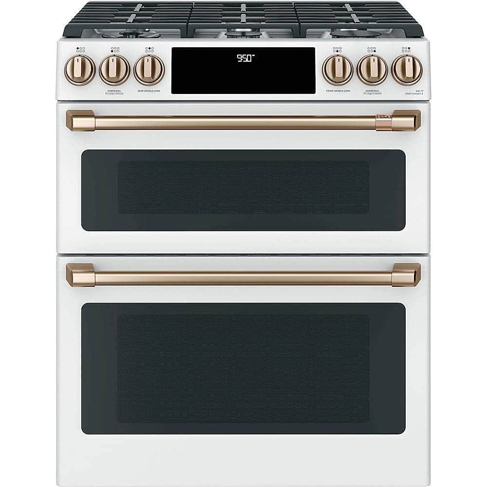 Front. Café - 7 Cu. Ft. Self-Cleaning Slide-In Double Oven Dual Fuel Convection Range, Customizable - Matte White.