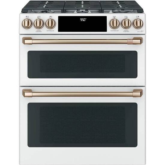 Front Zoom. Café - 7 Cu. Ft. Self-Cleaning Slide-In Double Oven Dual Fuel Convection Range, Customizable - Matte White.