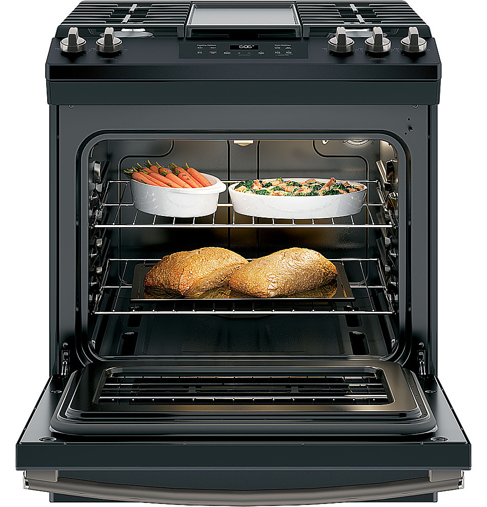 Angle View: Haier - 5.7 Cu. Ft. Slide-In Electric Convection Range with Steam Cleaning, Built-In Wi-Fi, and No-Preheat Air Fry - Fingerprint Resistant Black Stainless