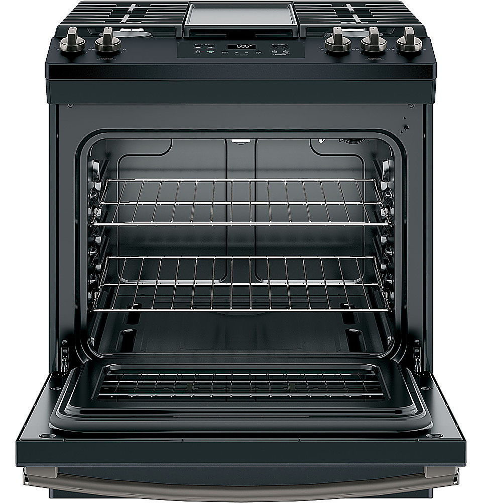 Left View: GE Profile - 5.7 Cu. Ft. Slide-In Dual Fuel True Convection Range with No Preheat Air Fry and Wi-Fi - Stainless steel