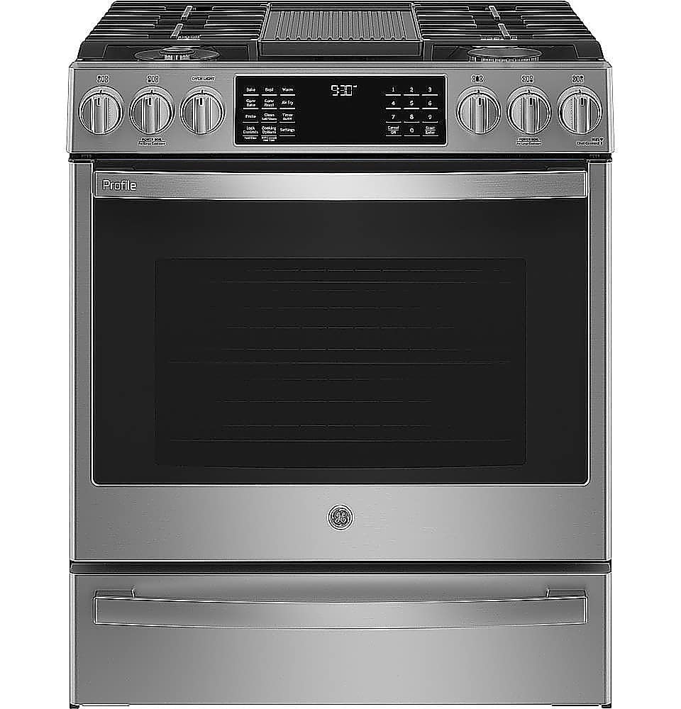 Front. GE Profile - 5.6 Cu. Ft. Slide-In Gas True Convection Range with Built-In WiFi and Hot Air Frying - Stainless Steel.