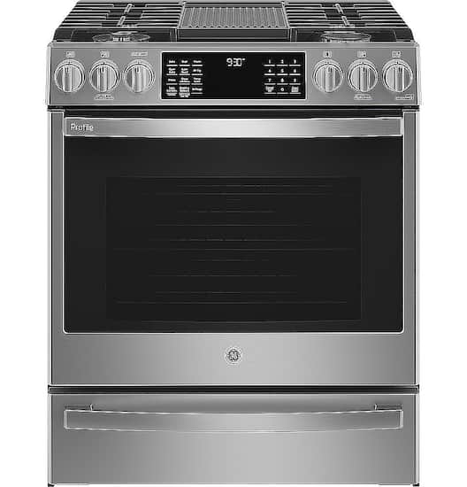 GE Profile - 30 in. Wide 5 Burners 5.6 Cu. Ft. Slide-In Gas True Convection Range with Built-In Wi-Fi and Hot Air Frying - Stainless Steel