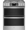 Front. GE Profile - 6.7 Cu. Ft. Slide-In Double Oven Gas True Convection Range with Steam Self-Clean, No Preheat Air Fry and WiFi - Fingerprint Resistant Stainless Steel.