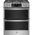 Front. GE Profile - 6.7 Cu. Ft. Slide-In Double Oven Gas True Convection Range with Steam Self-Clean, No Preheat Air Fry and WiFi - Fingerprint Resistant Stainless Steel.