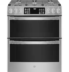 GE Profile - 6.7 Cu. Ft. Slide-In Double Oven Gas True Convection Range with Steam Self-Clean, No Preheat Air Fry and Wi-Fi - Stainless Steel - Front_Zoom