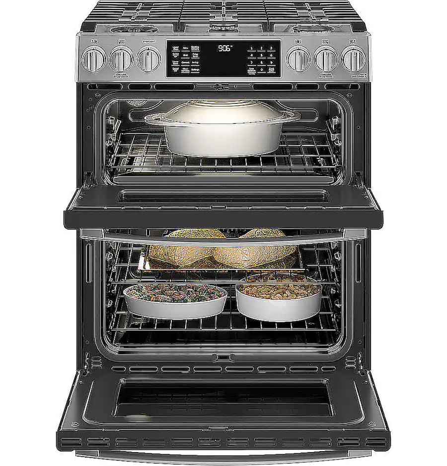 Range Cooker Dimensions GE Profile 30 in. Wide 5 Burners 6.7 Cu. Ft. Slide In Double Oven Gas ...